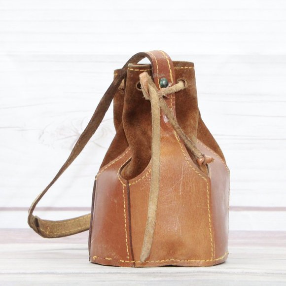 *Womens Brown Leather Made in Italy Drawstring Shoulder Bucket Bag - Picture 4 of 7